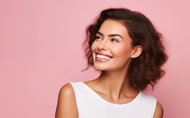 Beautiful smiling girl with white smile on pink background with space for your text model appearance
