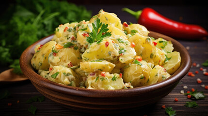 Fototapeta na wymiar Traditional German Spicy potato salad Kartoffelsalat