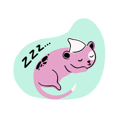 Vector flat hand drawn illustration of cute sleeping mouse. Cartoon character for invitation, poster, sticker, print and greeting card.