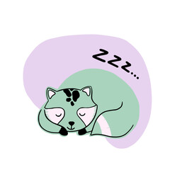 Vector flat hand drawn illustration of cute sleeping racoon. Cartoon character for invitation, poster, sticker, print and greeting card.
