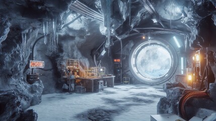 A secret laboratory hidden in an icy cave, where scientists work on a portal to another dimension. 8k