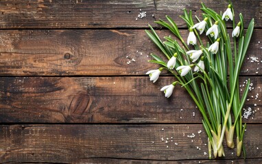 Snowdrops lay upon a rustic wooden texture, blending the delicate signs of spring with the warmth of a country setting.