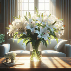 Elegance in Light: White Lilies on Wooden Table. generative AI