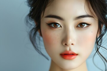 Korean Makeup Enhances Asian Woman's Flawless Complexion during Facial Treatment. Concept Korean Beauty Trends, Flawless Complexion, Facial Treatments, Asian Makeup Techniques
