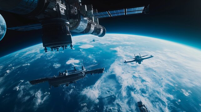 A space station orbiting a vibrant blue planet, with ships docking and departing, showcasing the hustle and bustle of interstellar travel. 8k