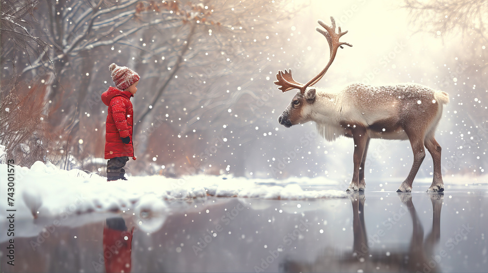 Canvas Prints A little boy stands in the forest near a big deer
