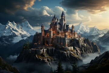 a castle is sitting on top of a mountain in the mountains - obrazy, fototapety, plakaty