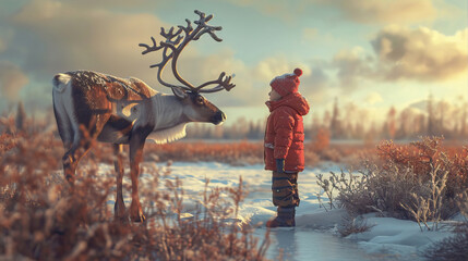 A little boy stands in the forest near a big deer
