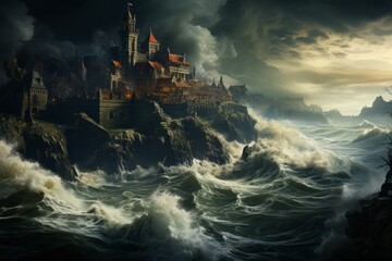 a castle on a rocky island in the middle of the ocean surrounded by waves - Powered by Adobe