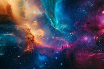 An abstract scene of stars, galaxies, and nebulae colliding in a colorful universe is depicted in...