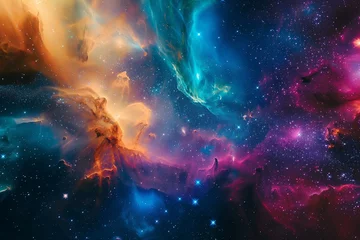 Foto auf Glas An abstract scene of stars, galaxies, and nebulae colliding in a colorful universe is depicted in this vivid explosion of cosmic color.  © Muhammad