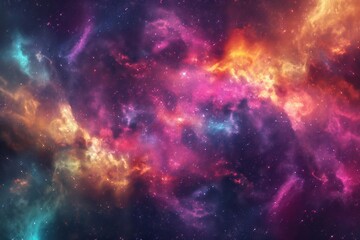 A vibrant explosion of cosmic color, depicting an abstract scene of stars, galaxies, and nebulae...