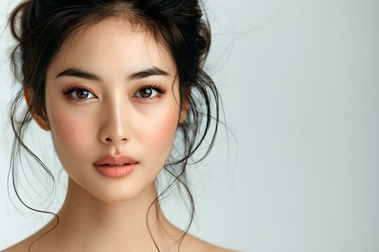 Asian woman with Korean makeup and flawless complexion showcases facial treatment. Concept Korean Makeup, Flawless Complexion, Facial Treatment, Asian Woman, Beauty Showcase