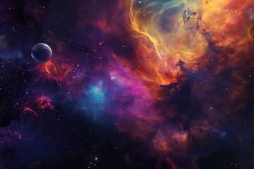 A riot of color that depicts the universe, with nebulae blending in with the shadows of unidentified planets and star clusters.  - obrazy, fototapety, plakaty