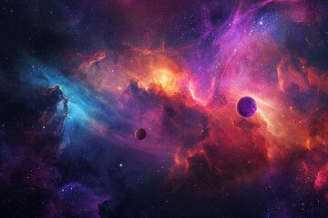 A vibrant tapestry of the cosmos, where colorful nebulae blend with the silhouettes of unknown...