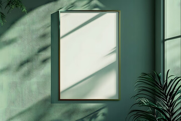 Mockup poster frame close up on wall painted green color, 3d render
