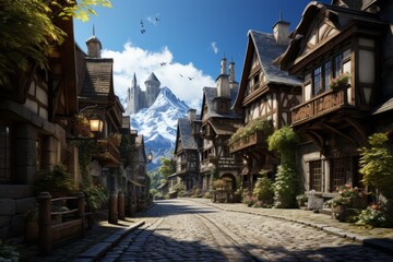 A medieval town with a mountain backdrop, cobblestone street, and cloudy sky - Powered by Adobe