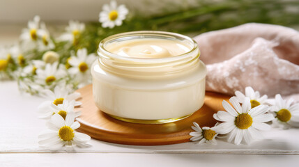 Obraz na płótnie Canvas Body cream white essential oil, chamomile daisy flowers. Herbal cosmetic