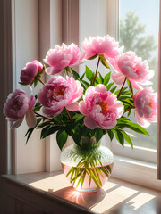 Morning Romance: Pink Peonies in Sunlit Vase. generative AI