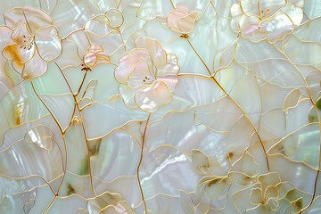 art nouveau floral background, gold metallic lines on a mother of pearl background