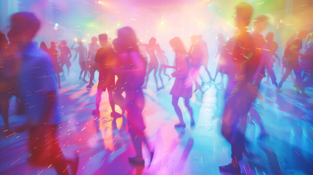 Colourful background of dancing people at a disco with multicoloured lights and blurred silhouettes