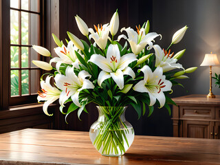 Elegance in Light: White Lilies on Wooden Table. generative AI