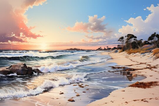 a painting of a beach at sunset with waves crashing against the shore