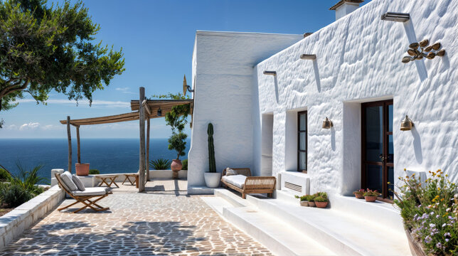 villa bord de mer de type méditerranéen sous un ciel bleu en été