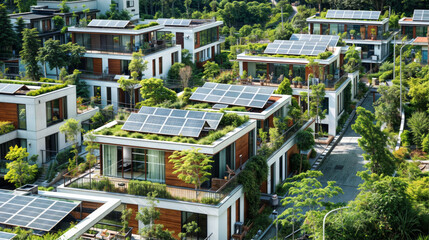 Vue aérienne d'une zone résidentielle respectueuse de l'environnement, maisons modernes équipées de systèmes de panneaux solaires et de toits végétalisés incarnant un urbanisme durable