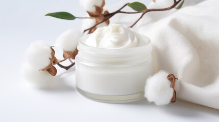 Fototapeta na wymiar Natural organic eco cosmetics. Cream with extract of Cotton on a light background