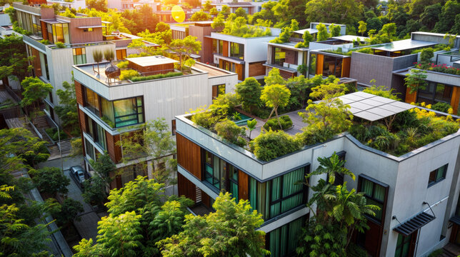Vue a&eacute;rienne d'une zone r&eacute;sidentielle respectueuse de l'environnement, maisons modernes &eacute;quip&eacute;es de syst&egrave;mes de panneaux solaires et de toits v&eacute;g&eacute;talis&eacute;s incarnant un urbanisme durable