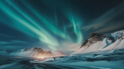 Fototapeta premium A serene winter night atop a snowy mountain, where the sky is painted with vibrant green auroras, creating a breathtaking display of nature's beauty