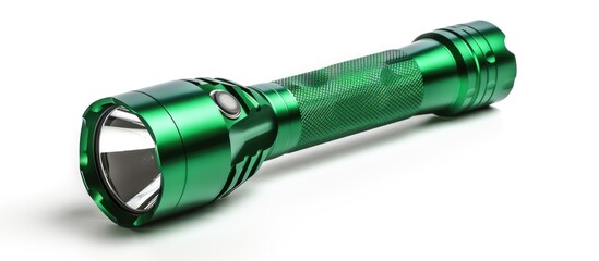 A green metal flashlight stands upright on a white background, casting a bright beam of light. The flashlight appears sturdy and functional, with a textured grip for easy handling.
