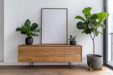 a minimalist interior with a wooden sideboard against a white wall