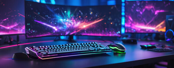 Gamer background, modern high-tech gaming setup with RGB light on desk, gamer keyboard and mouse with multiple screens in the background, streamer setup