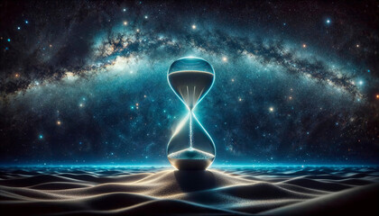 An hourglass hovers in the void of outer space. Generative Ai.