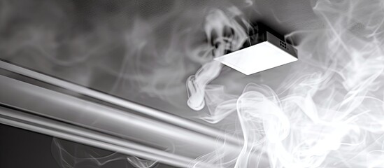 A detailed black and white close-up of smoke billowing out from a motion sensor box inside a house. - obrazy, fototapety, plakaty