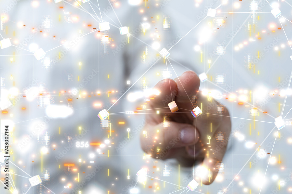 Poster Neural network 3D illustration. Big data and cybersecurity