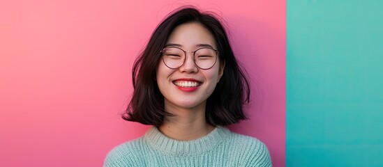 A cheerful Asian woman is seen wearing glasses, smiling brightly. The background is a vibrant mix of pink and blue colors, adding a playful touch to the portrait.