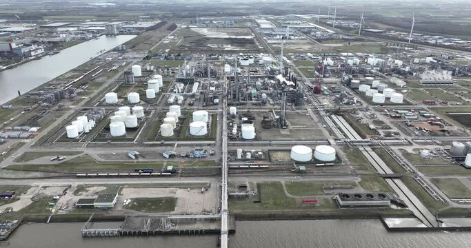 Petrochemical complex of factories in the Moerdijk port and industrial area. Birds eye aerial drone view. The company processes naphtha , gas oil and LPG from refineries into basic chemicals for the