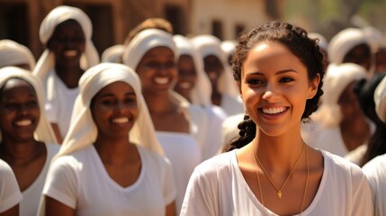 Obraz premium A group of women dressed in white attire are happily smiling together
