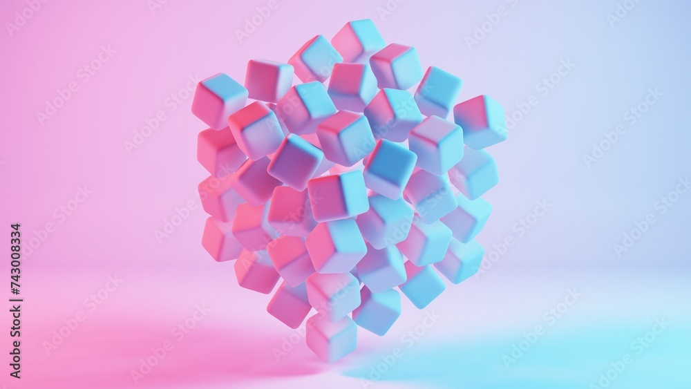 Poster cubic shapes arranged in a matrix with a 3d twist, forming an abstract and visually intriguing compo