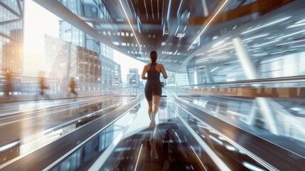 Experience fitness luxury! A woman runs in a modern center with a city view backdrop. Abstract blur highlights a dynamic workout atmosphere. - obrazy, fototapety, plakaty
