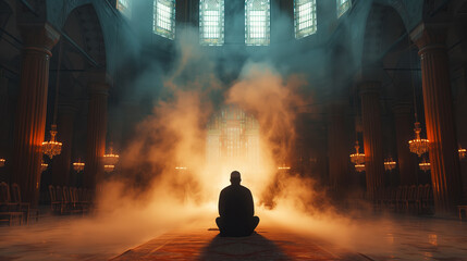 Silhouette of a man praying in a temple against the background of a sunny window, rays of the sun. Islam, Ramadan, hijab. - obrazy, fototapety, plakaty