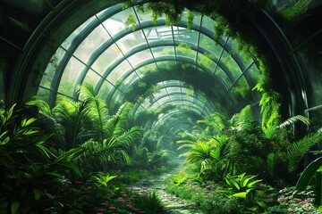 Naklejka premium a picture of a verdant, zero-gravity space garden that supports life throughout a protracted space voyage inside a massive interstellar ark. 