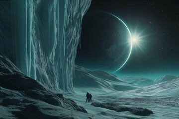 a picture of space travelers finding a mysterious, frozen planet with odd structures visible through the ice.  - obrazy, fototapety, plakaty