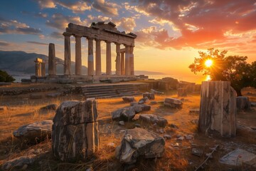 The silhouette of an antique ancient temple's ruins against a striking sunset sky, emphasizing the...