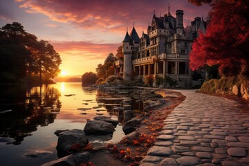 a castle is sitting on the shore of a lake at sunset - Powered by Adobe