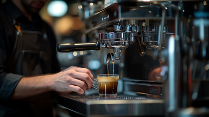 Fototapeta na wymiar Professional espresso machine while preparing espresso shot in a coffee shop. Close-up of espresso pouring from the coffee machine