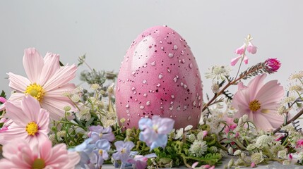 Pastel-colored Easter eggs nestled in vibrant spring blooms, symbolizing renewal and celebration. Delicate pink Easter egg with spring blossoms for festive decoration.